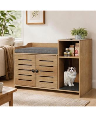 Hidden Litter Box Furniture with Cushion, Mark Pad, Storage Shelf, Odor Control, Large Modern Wooden House Cabinet, Fits Most Boxes