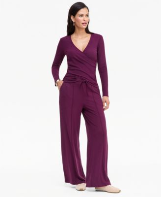Women's V-Neck Long-Sleeve Top and Wide-Leg Pants