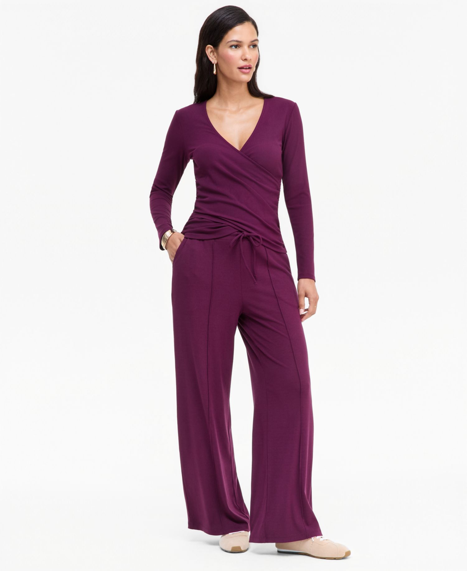 Women's Long-Sleeve V-Neck Side-Ruching Wrap Top