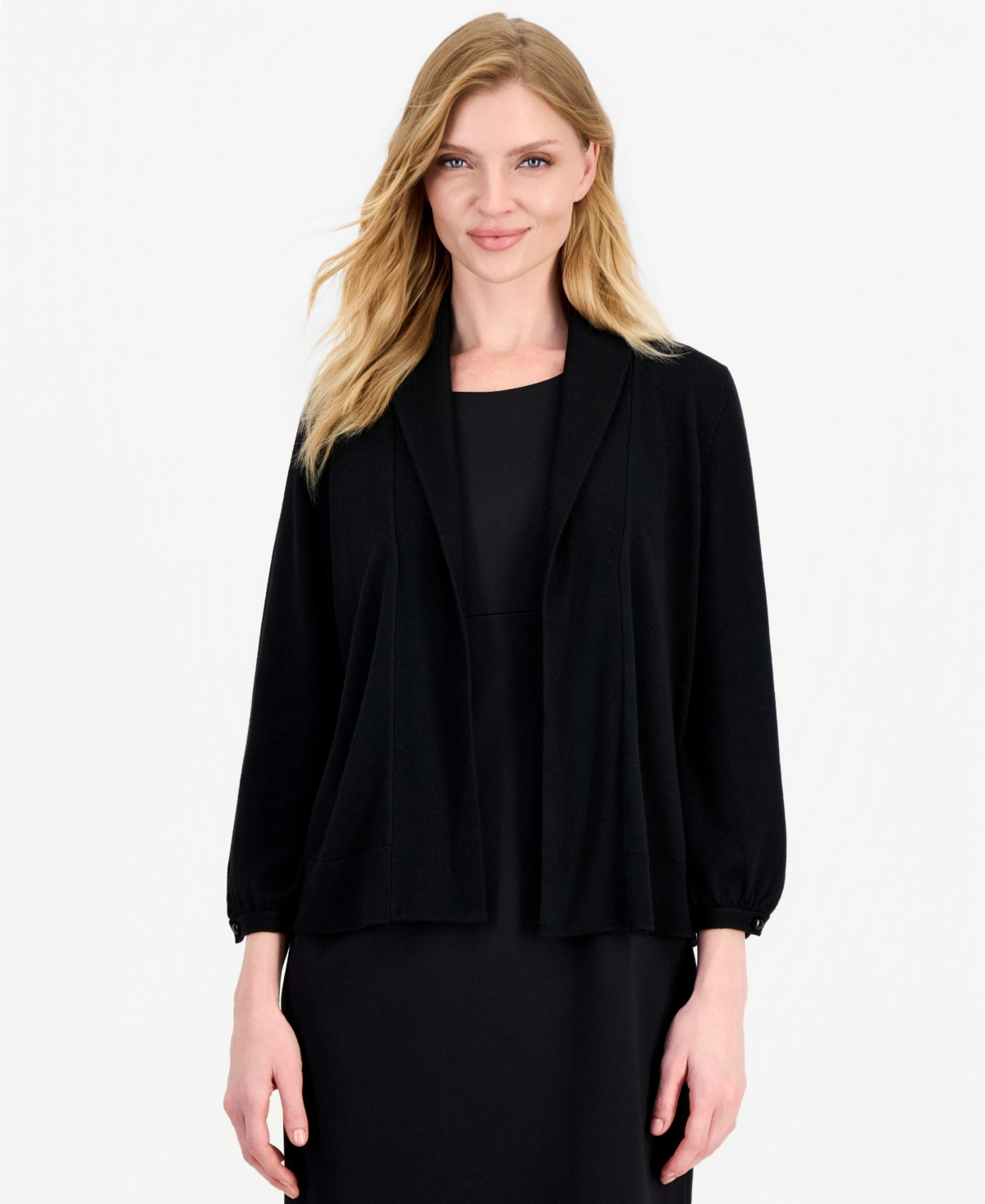 Kasper Women's Turn Back Collar Kissing Frt Shawl Collar Open Front Cardigan In Black