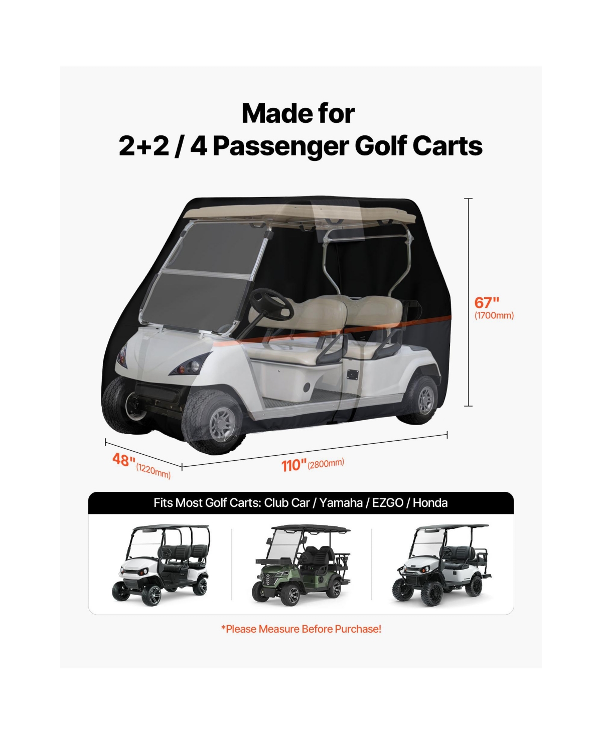 Sugift 420D Waterproof Golf Cart Cover for 2 Plus 2/4 Passenger Carts