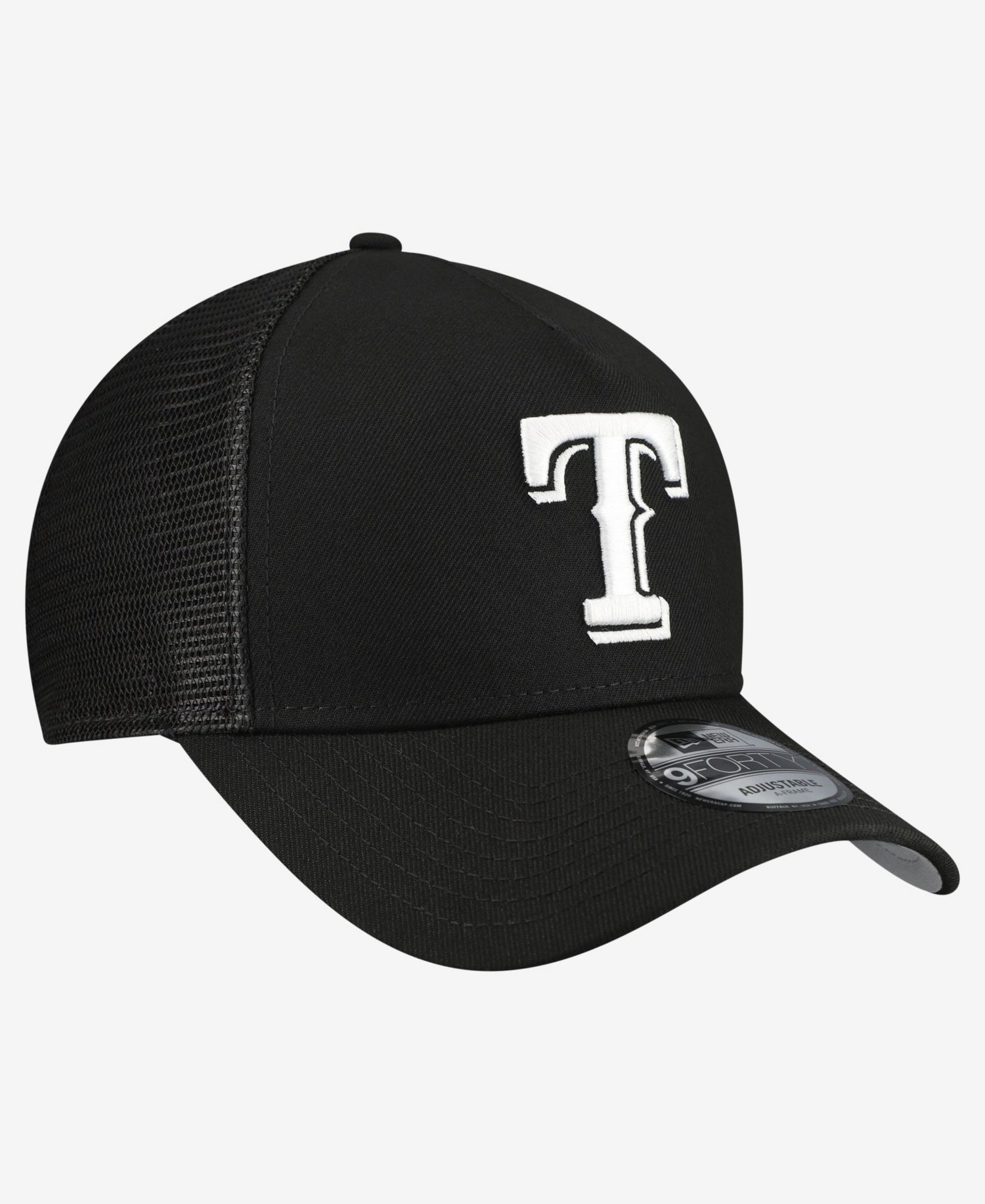 Men's Black Texas Rangers Side Script 9FORTY A-Frame Trucker Adjustable Hat