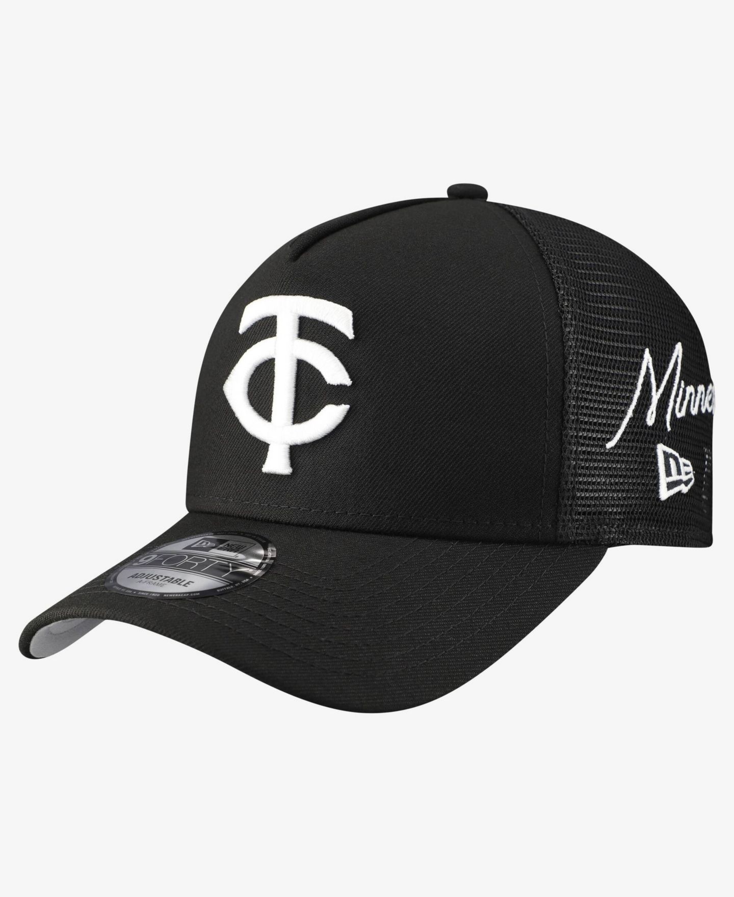 Мужская кепка New Era Black Minnesota Twins Side Script 9FORTY A-Frame Trucker Adjustable Hat — фото 1