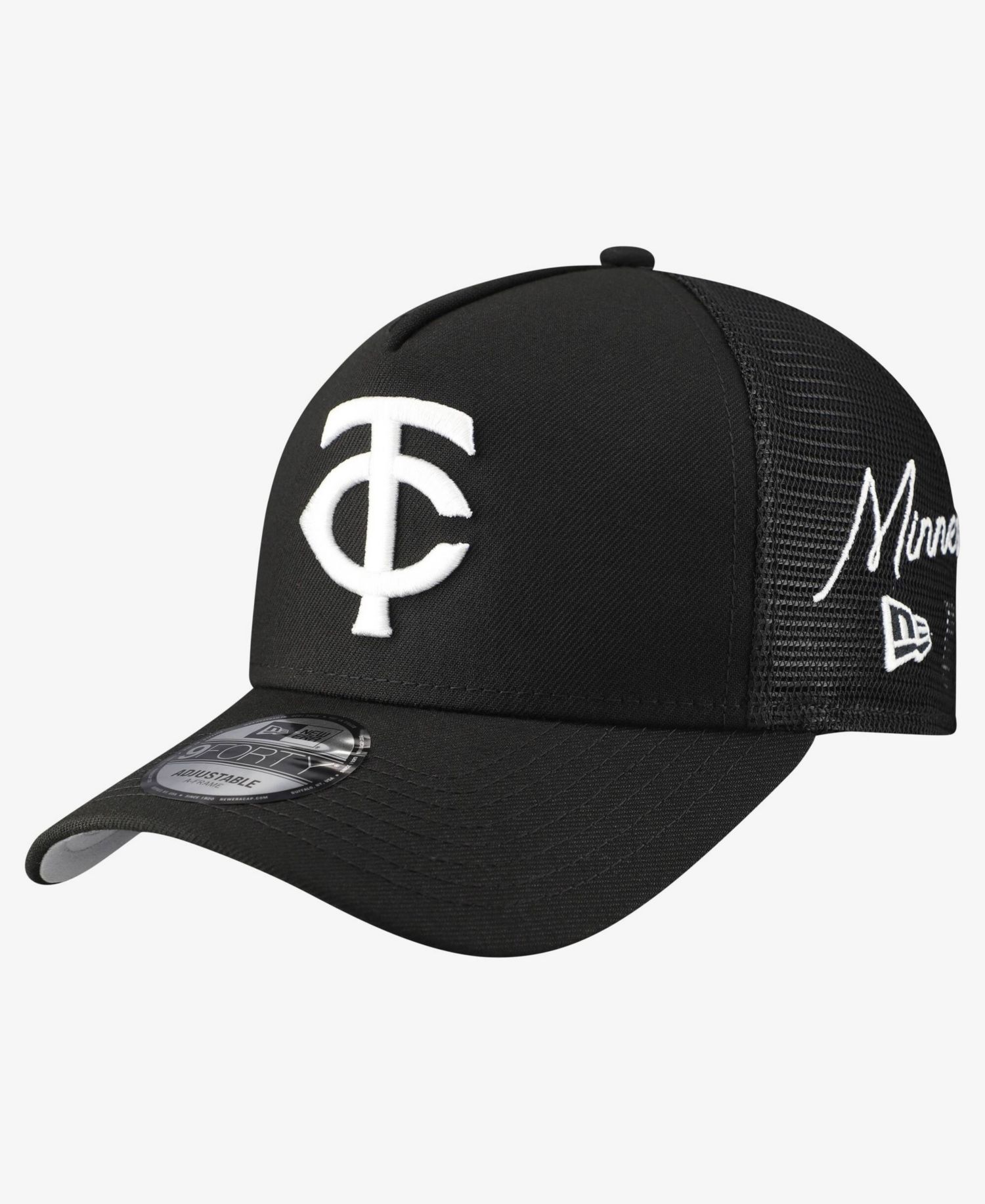 Men's Black Minnesota Twins Side Script 9FORTY A-Frame Trucker Adjustable Hat