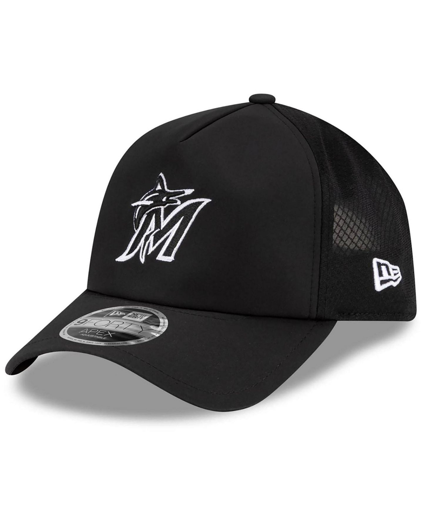 Мужская кепка New Era Black Miami Marlins 2026 Batting Practice Apex 9FORTY Adjustable Trucker Hat — фото 1