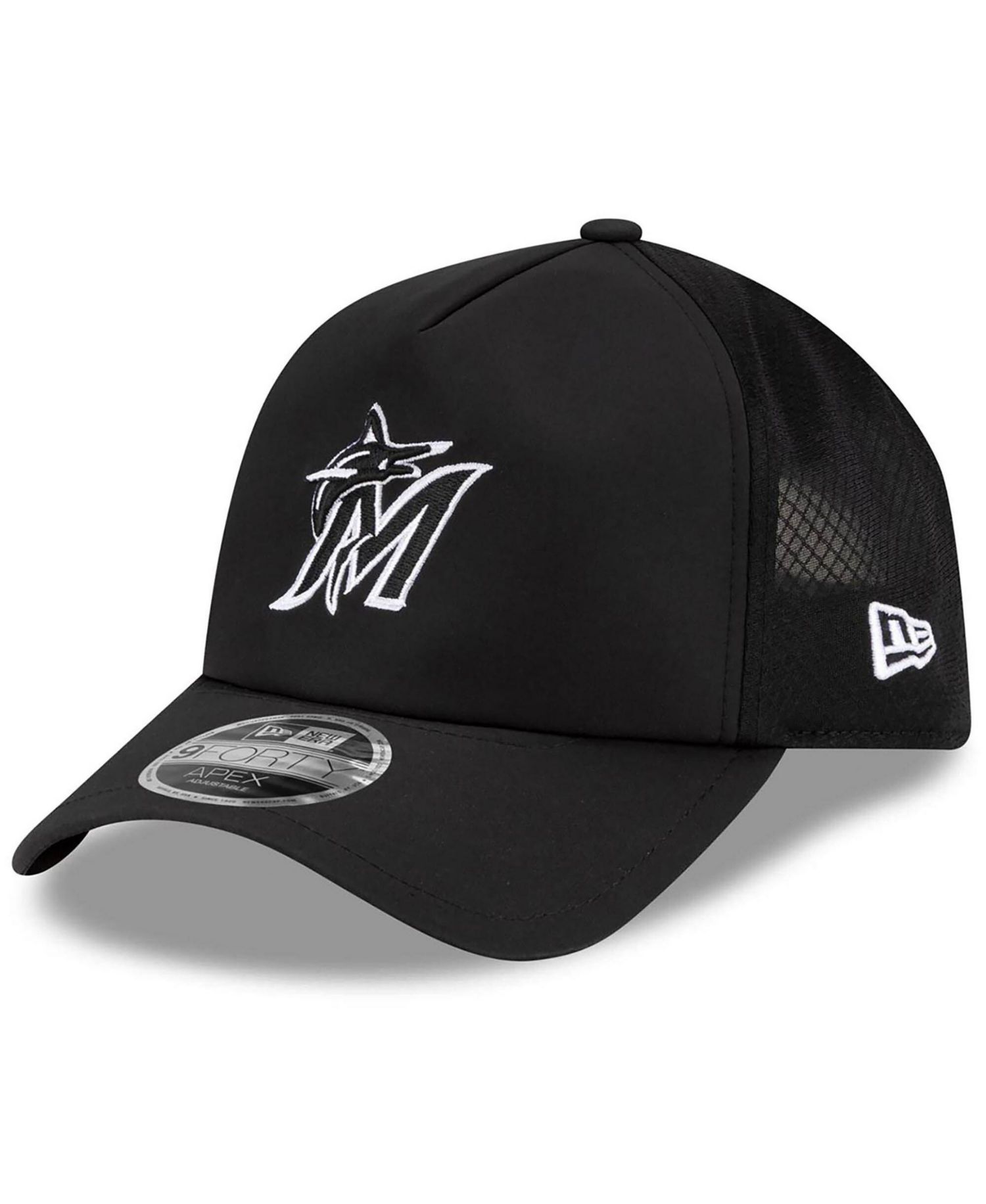 Men's Black Miami Marlins 2026 Batting Practice Apex 9FORTY Adjustable Trucker Hat