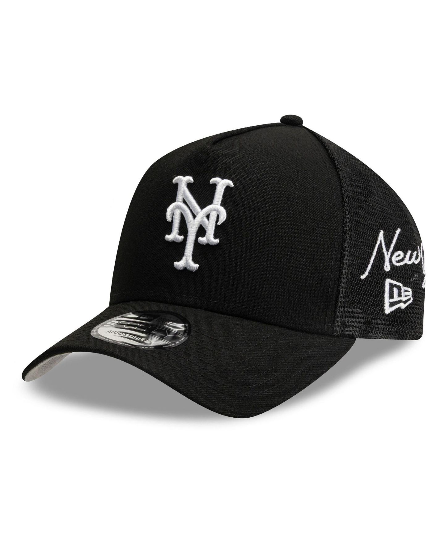 Мужская кепка New Era Black New York Mets Side Script 9FORTY A-Frame Trucker Adjustable Hat — фото 1