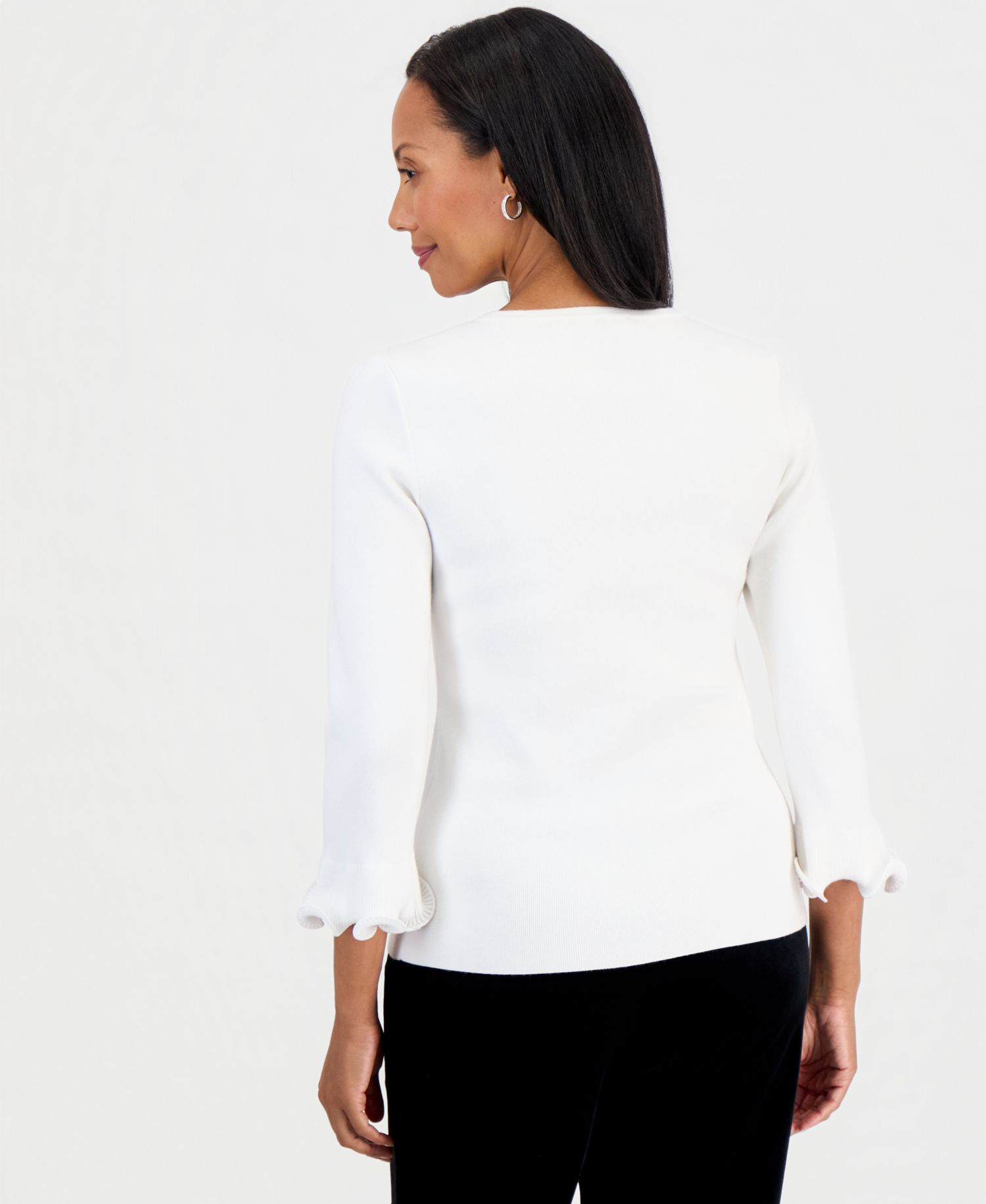Petite Crew Neck Sculptural Cuff 3/4-Sleeve Sweater