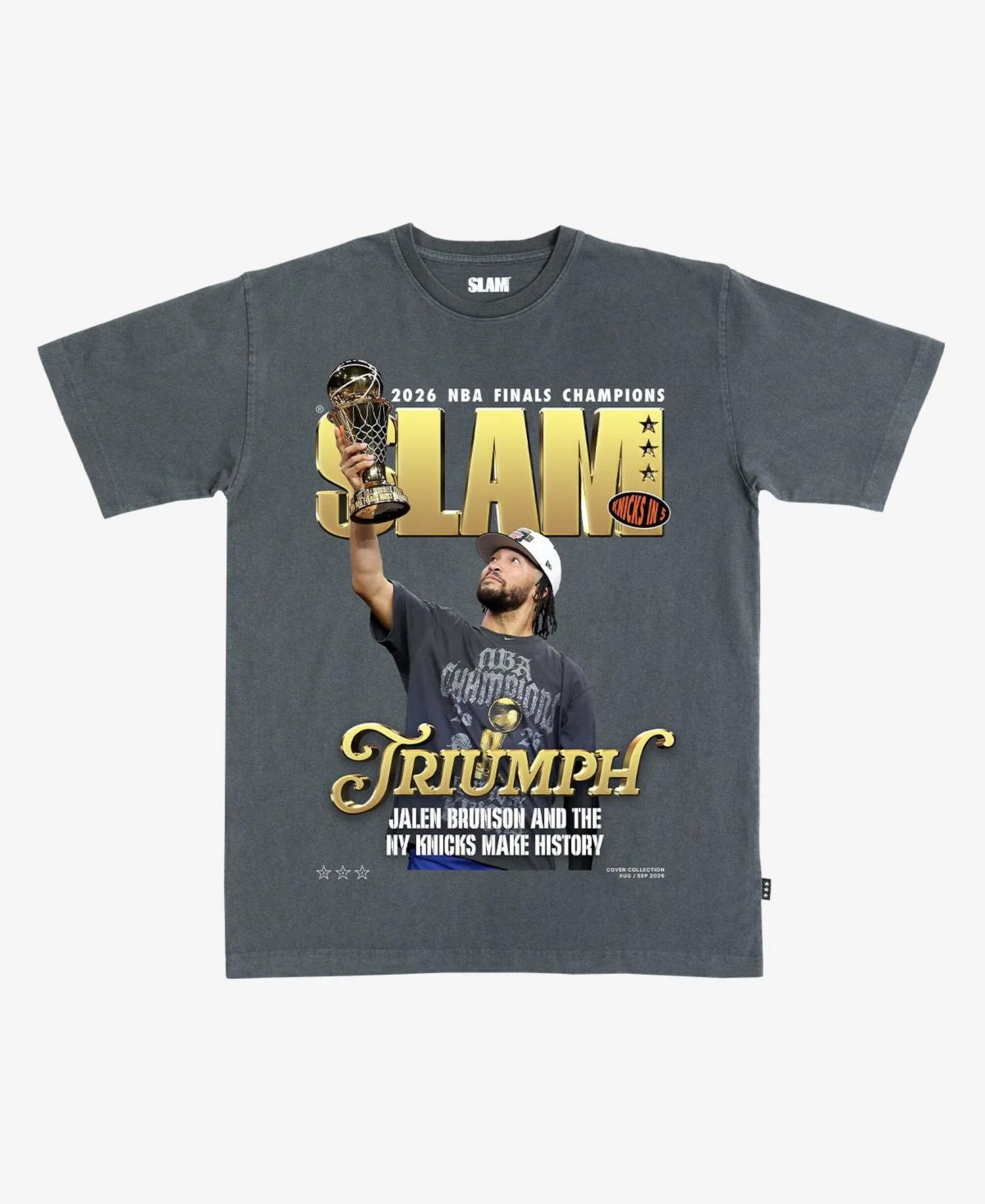 Slam Men's and Women's Jalen Brunson Charcoal New York Knicks 2026 NBA Finals Champions Cover T-Shirt