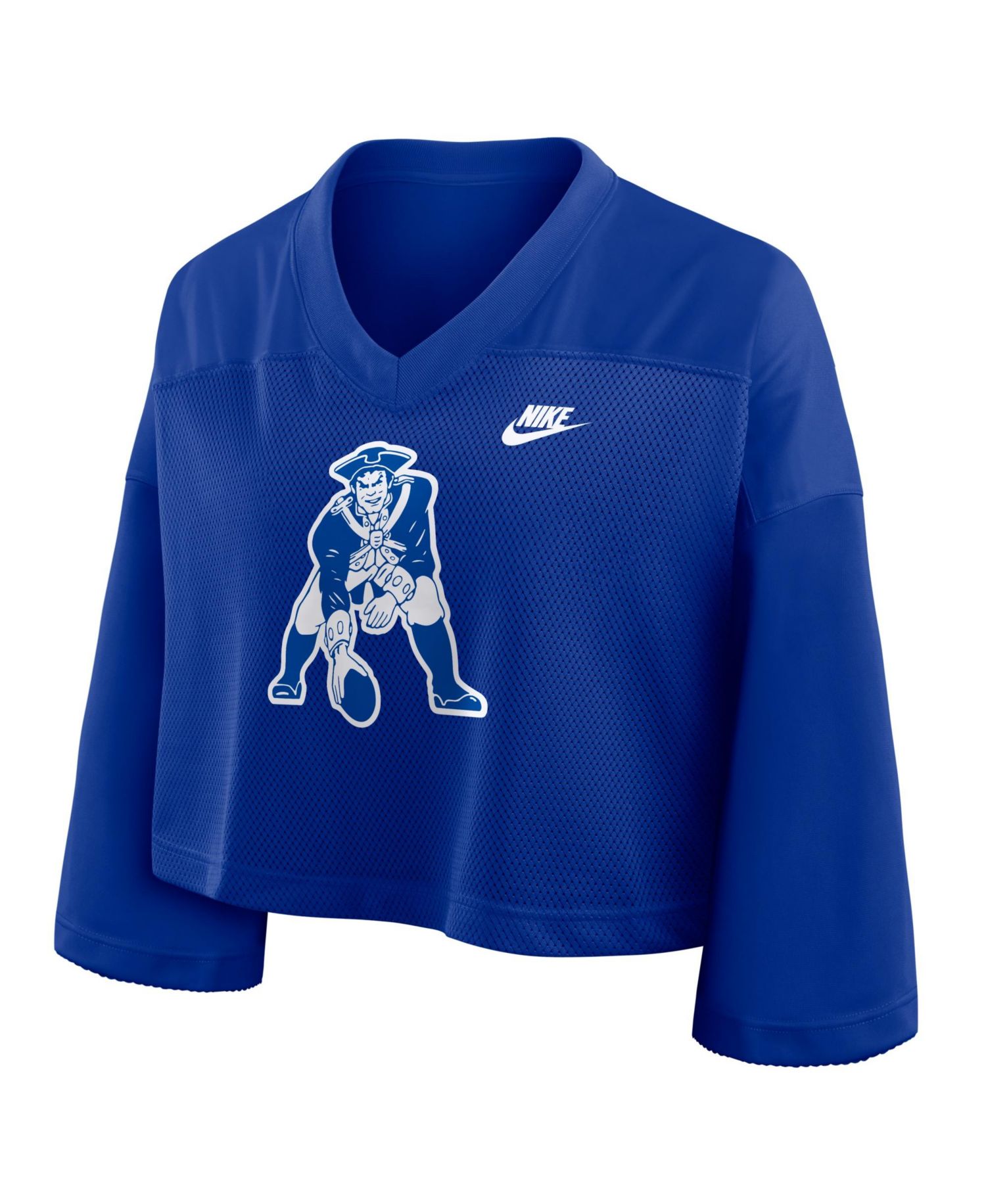 Women's Royal New England Patriots Rewind Cropped Mesh Dri-FIT Fashion Jersey