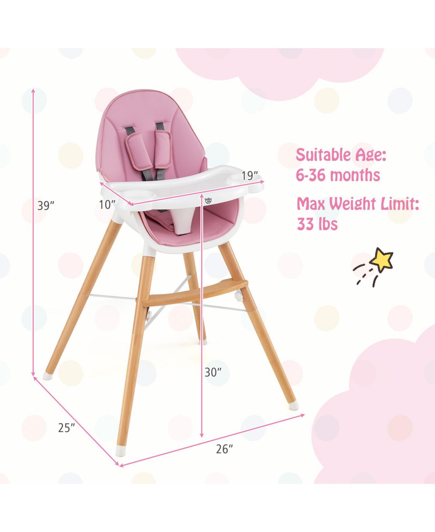 Toddler Baby High Chair Wooden Feeding Chair with 4-Gear Tray and Removable Cushion