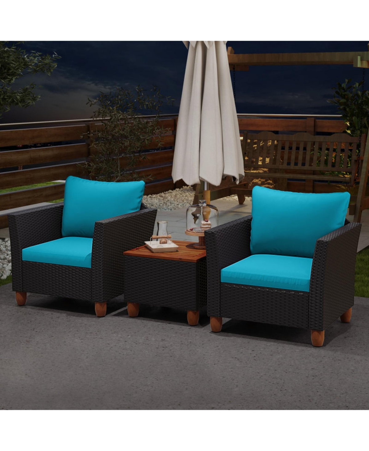 Gouun 3 Piece Outdoor Wicker Conversation Set with Acacia Wood Storage Coffee Table