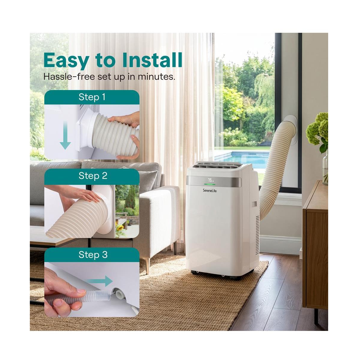 SereneLife 14,000 Btu Portable Ac and Heater with Wi-Fi, Dehumidifier and Fan, Window Kit Included