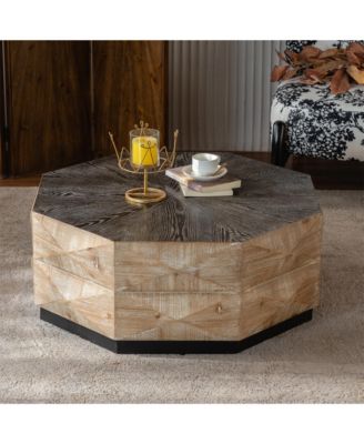 Octagon Coffee Table,38" Retro Style Wood Center Table Rustic Cocktail Table