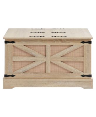 Square Coffee Table with PE Rattan Storage, MDF Top and Metal Hinges for Living Room Bedroom-Wood Color