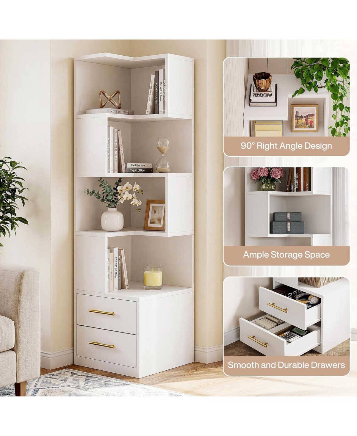 Tribesigns 5-Tier Corner Bookshelf with 2 Drawers