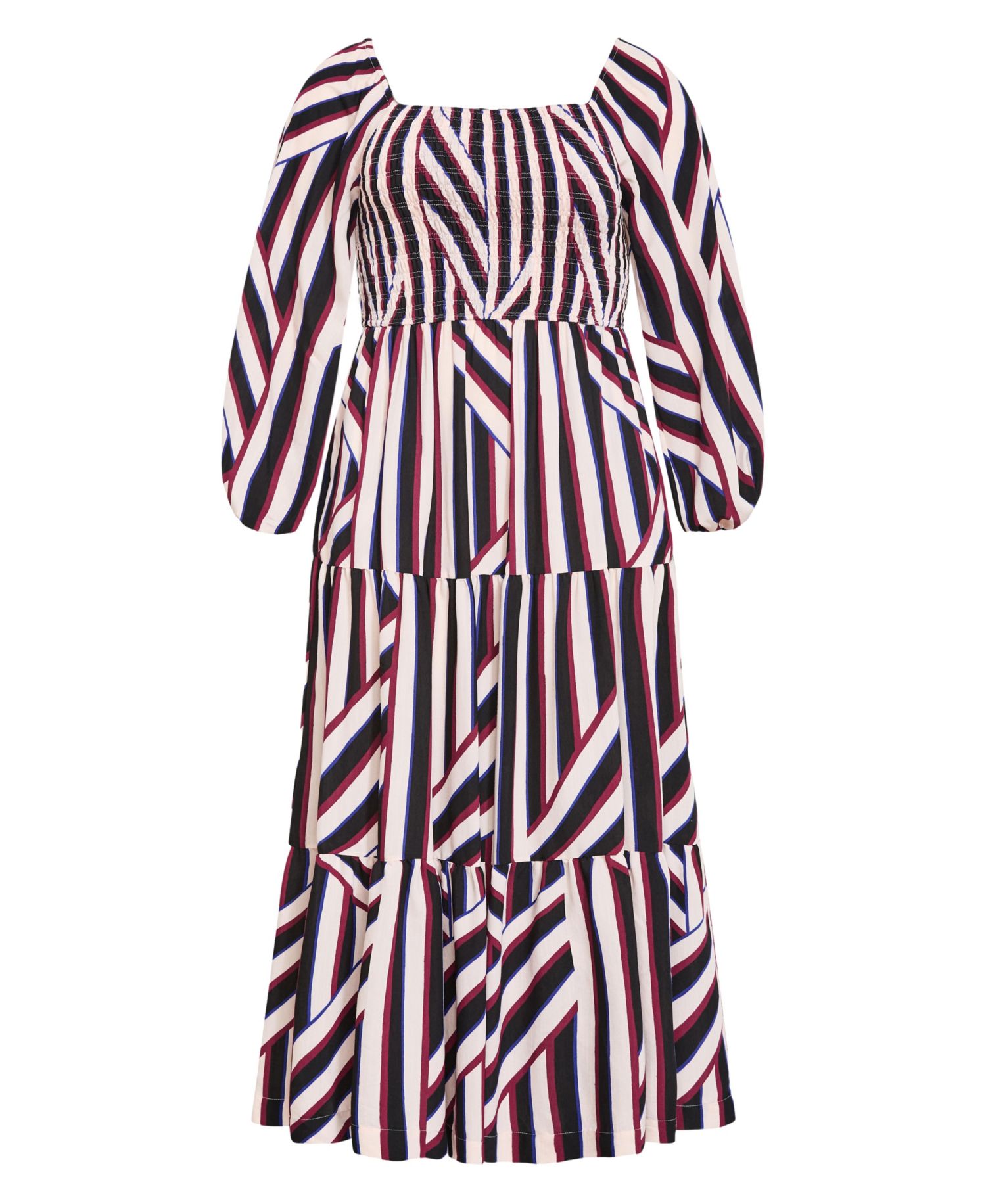 Plus Size Long-Sleeve Stripe Shirred Maxi Dress