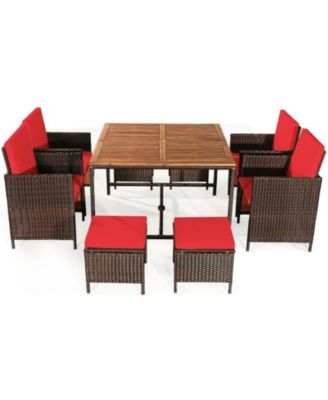 9 Piece Outdoor Wicker Patio Dining Set with Acacia Wood Tabletop, 4 Chairs and 4 Ottomans