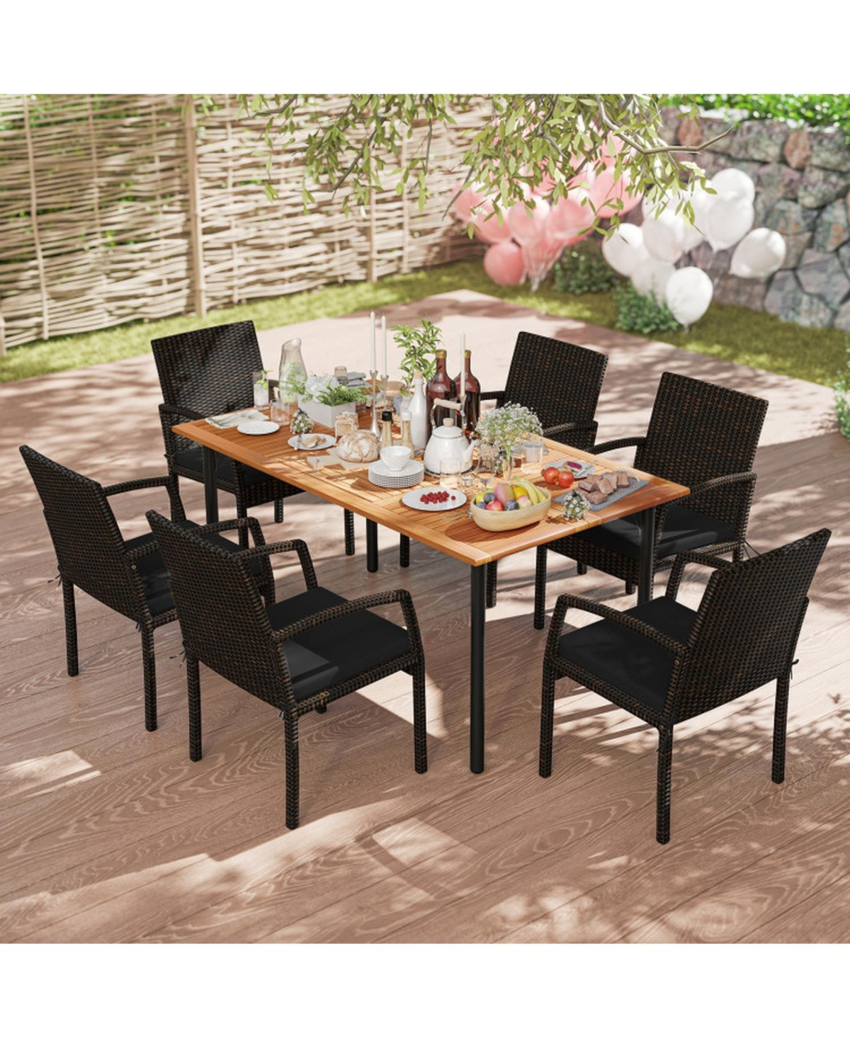 Gouun 7 Piece Outdoor Patio Dining Set with Acacia Wood Table, Umbrella Hole and 6 Wicker Chairs