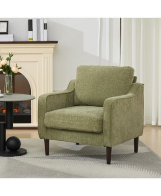 Mid Century Modern Accent Chair, Linen Upholstered Living Room Arm Chair with Wood Legs, Reading Chair for Bedroom Apartment Adults Relaxation