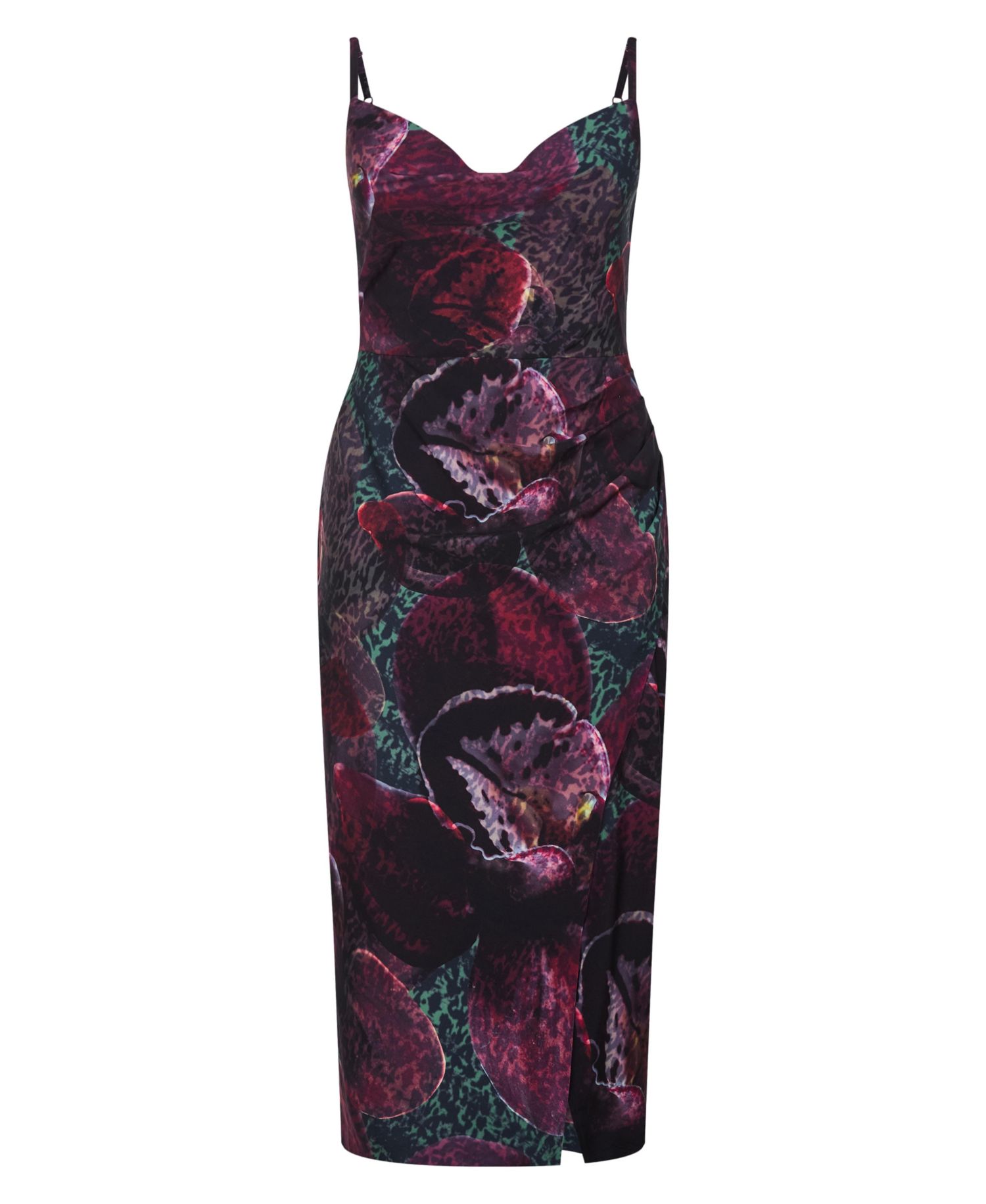 Plus Size Marisol Orchid Print Cowl Neckline Midi Dress