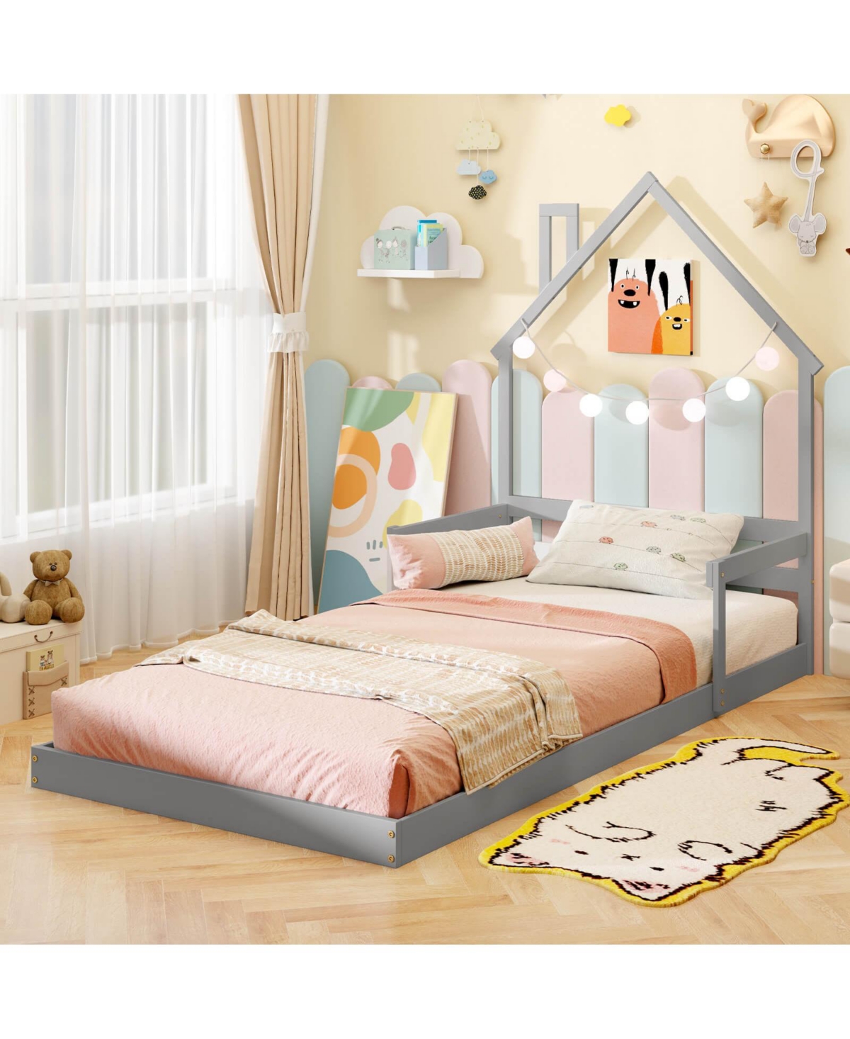Costway Twin Floor Bed for Kids with Chimney Headboard and Handrail