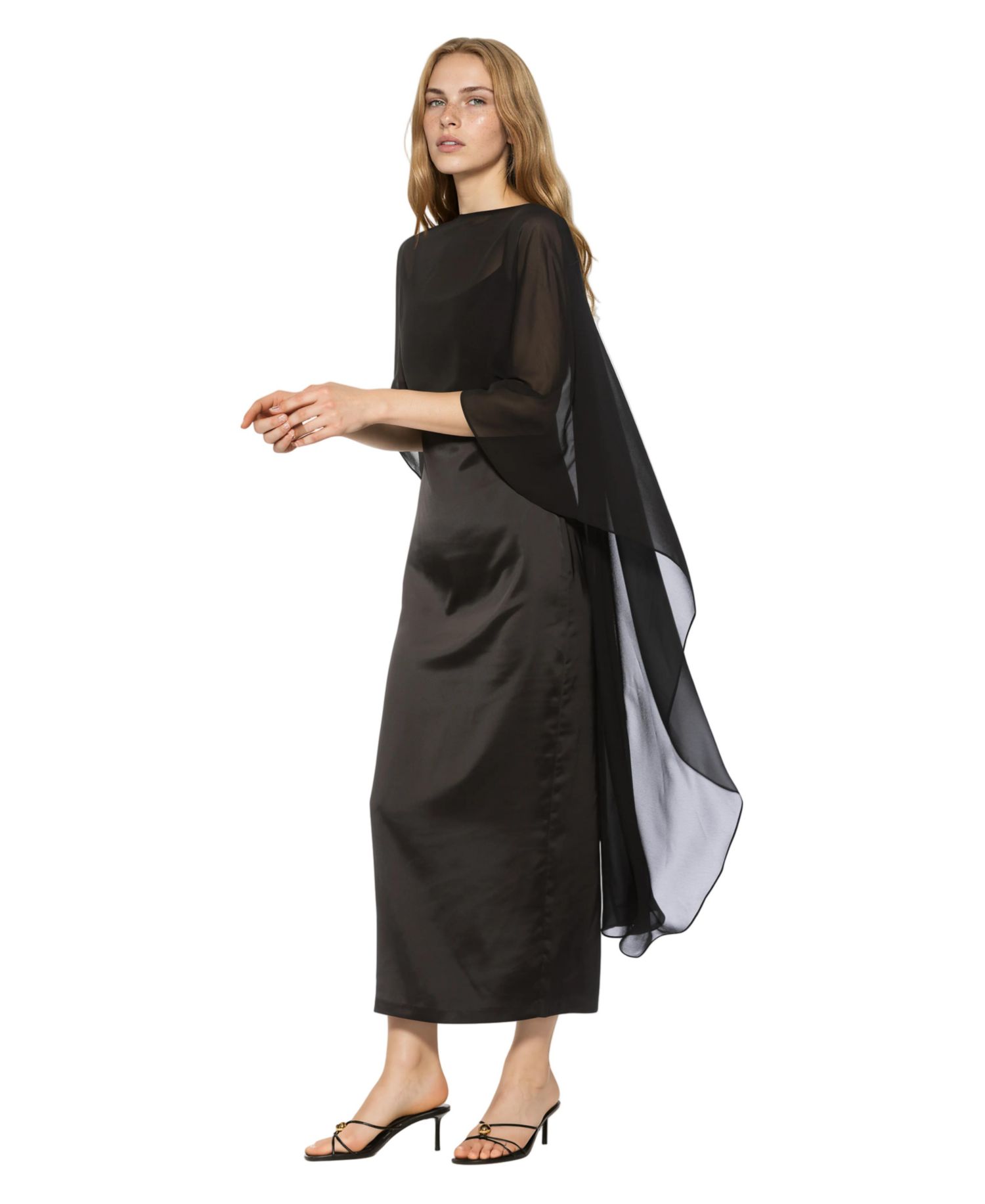 Women's Cape-Sleeve Chiffon Overlay Boat Neck Satin Gown