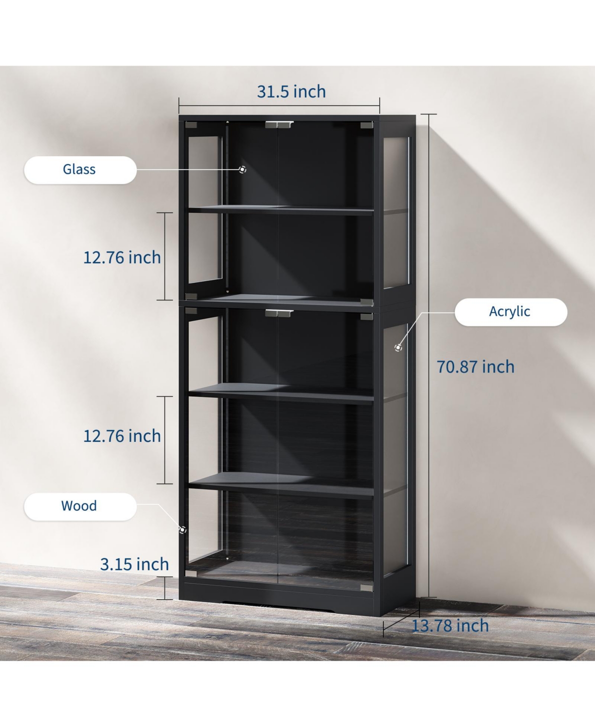 homfan Display Cabinet with Glass Door, 5-Tier 71" Curio with Rgb Led Lights and App Control for Collectibles Modern Storage for Living Room, Bedroom