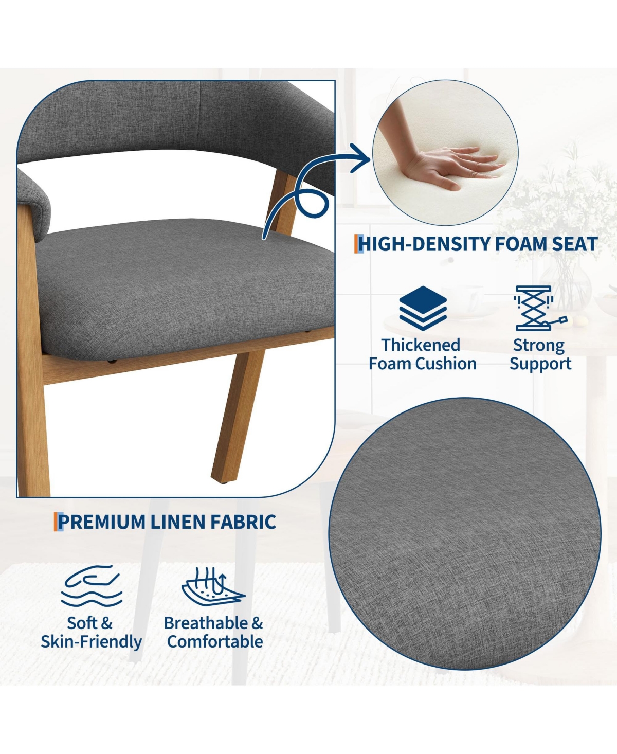 homfan Upholstered Dining Chairs with Arms, Chenille Fabric Armchair Wooden Legs and Curved Backrest, Modern Farmhouse Accent Chair