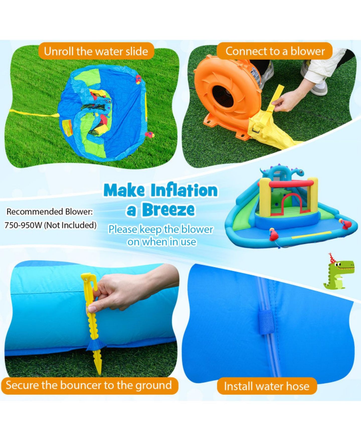 Детские игрушки HONGGE Dinosaur Inflatable Water Slide Bounce House with Double Slides and Splash Pool, Oxford Cloth, Holds 3 Players, Ages 3-10, цвет: Зелёный — фото 4
