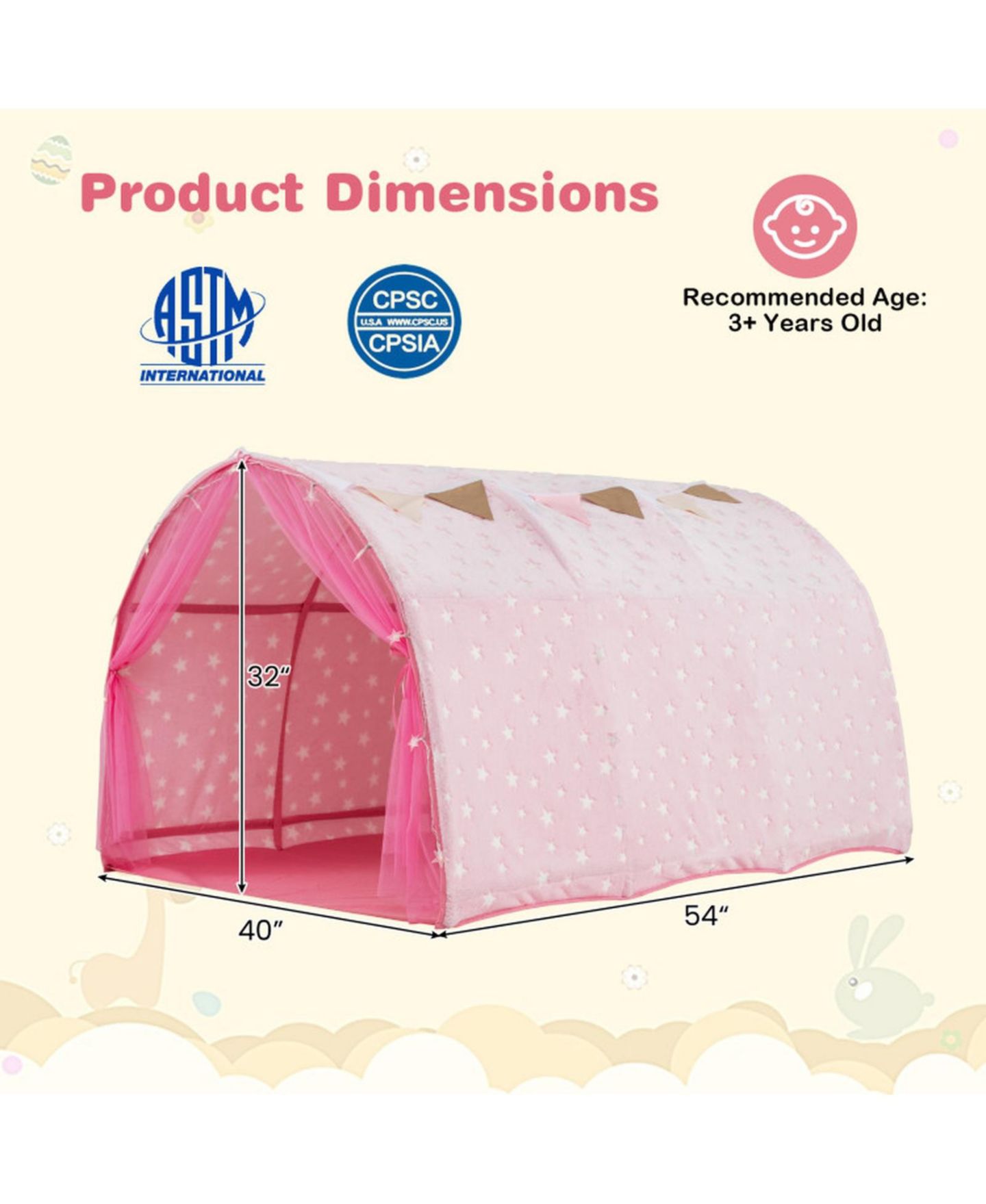 Детские игрушки HONGGE Glow-in-the-Dark Stars String Lights 3-Piece Bed Tent, Ages 3+, цвет: Розовый — фото 3