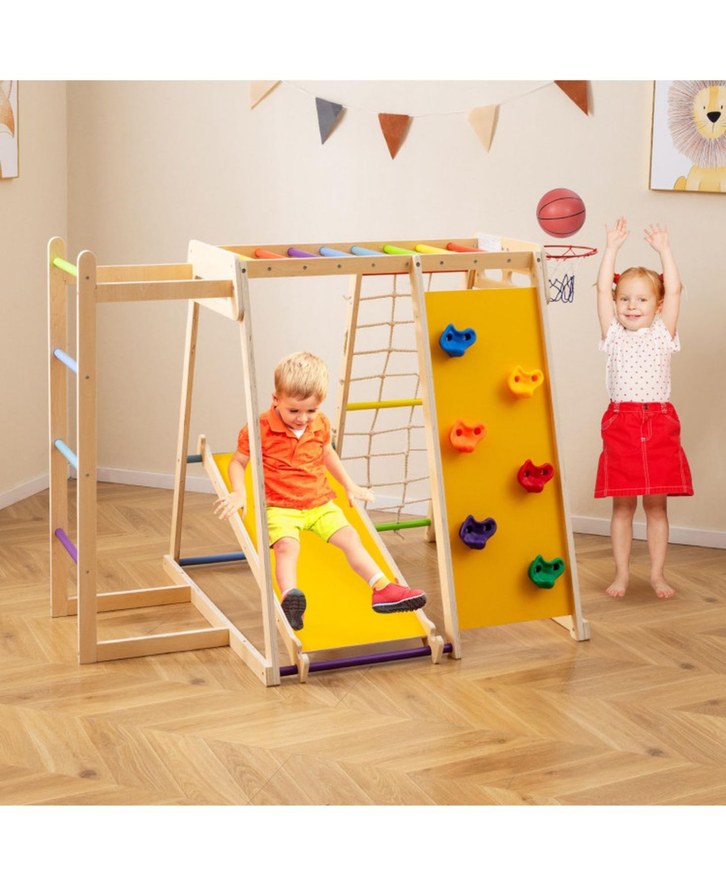 Детская игрушка HONGGE 6-in-1 Kids Indoor Jungle Gym with Slide and Climbing Wall Ages 3-14, цвет: Жёлтый — фото 2