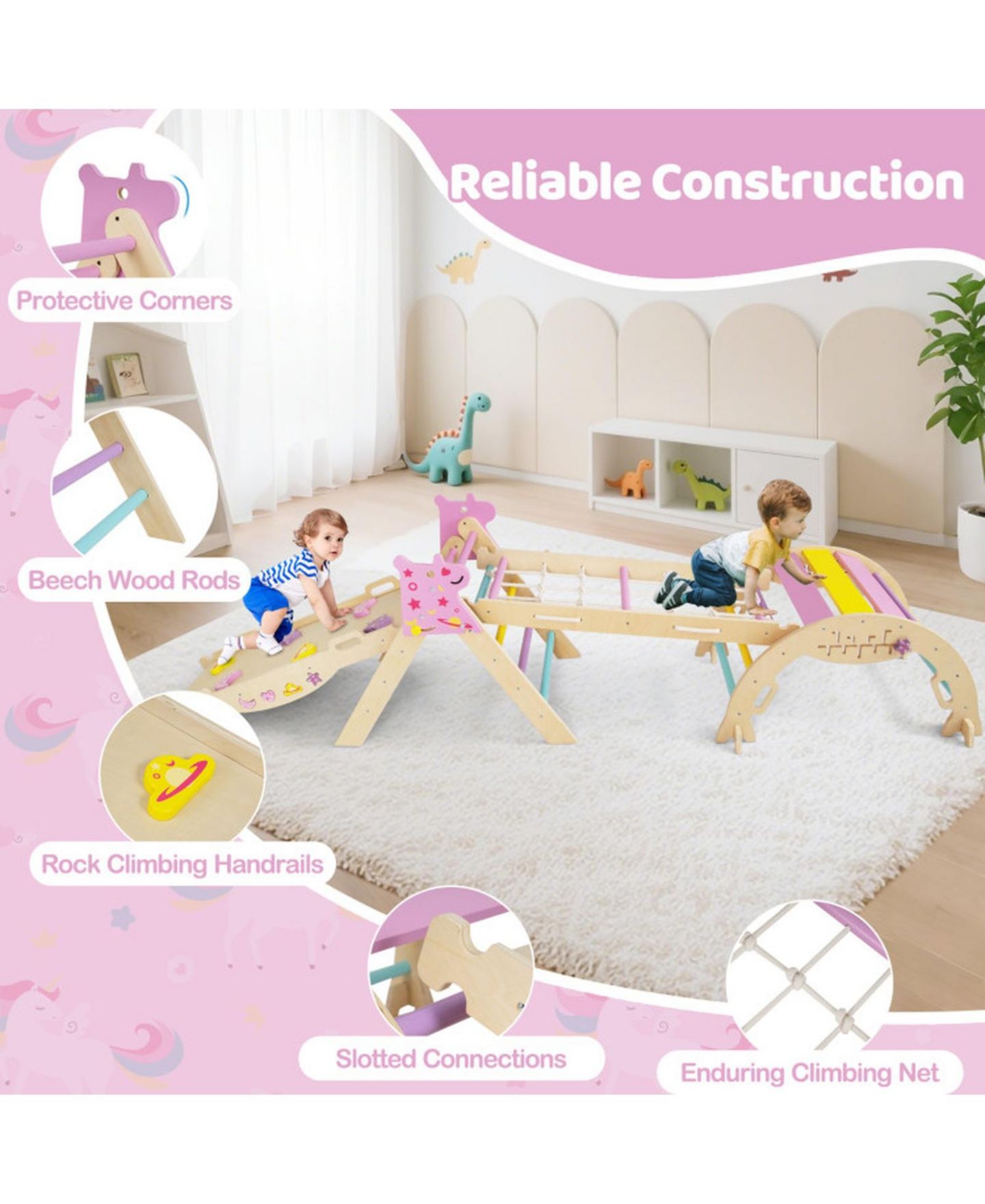 Детские игрушки HONGGE 8-in-1 Foldable Montessori Wooden Climbing Set, Ages 3+, цвет: Розовый — фото 9