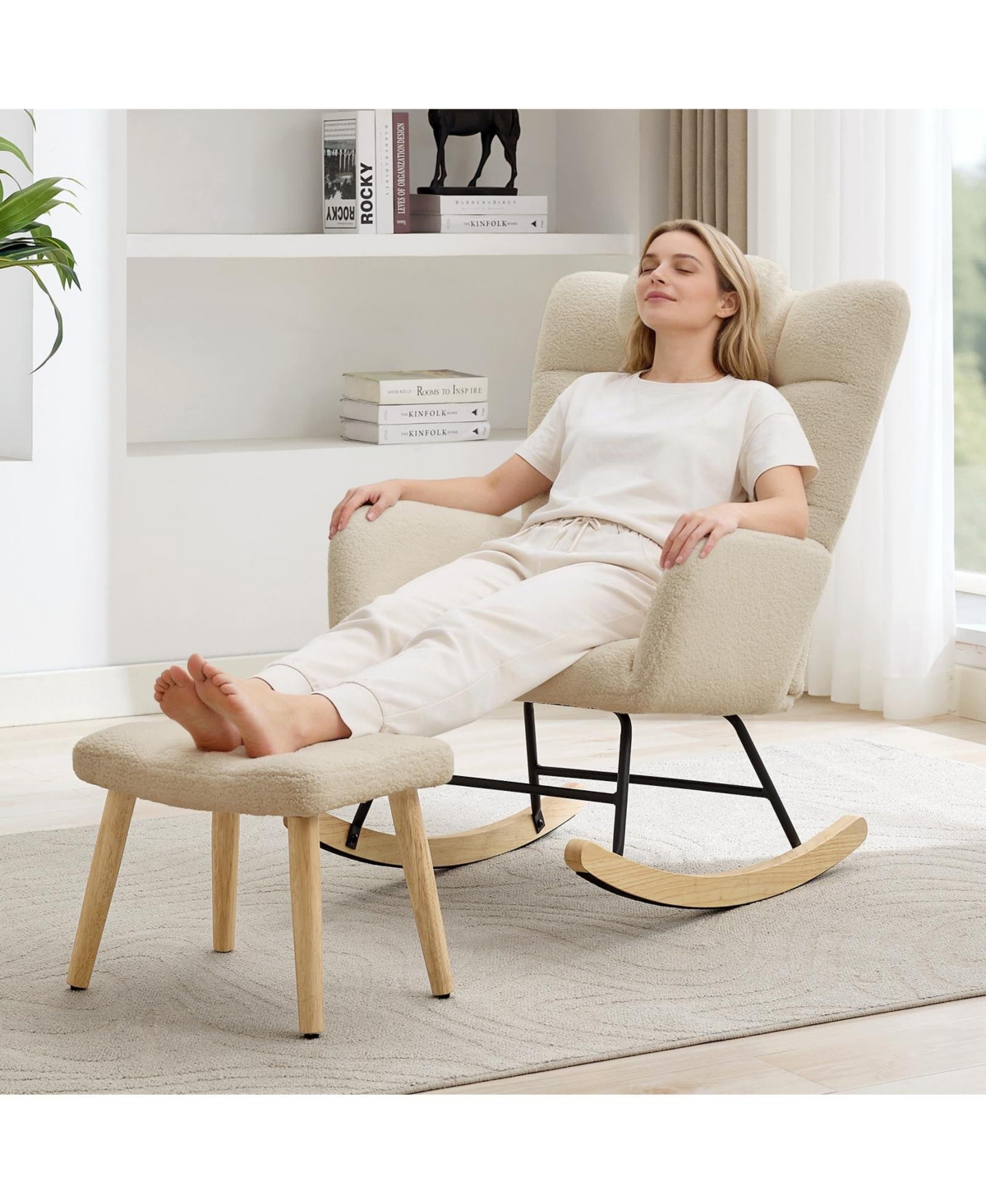 homfan Nursery Rocking Chair with Ottoman, Upholstered Glider High Backrest and Armchair for Adults,