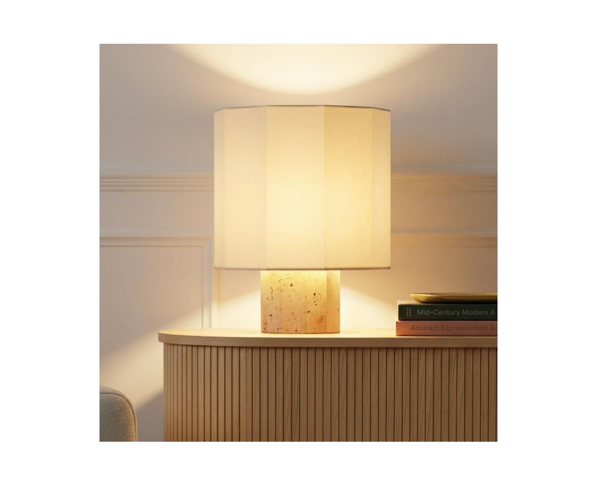 Brightech Cleo 10" Modern Led Table Lamp with Travertine Stone Base and Geometric Cotton Shade