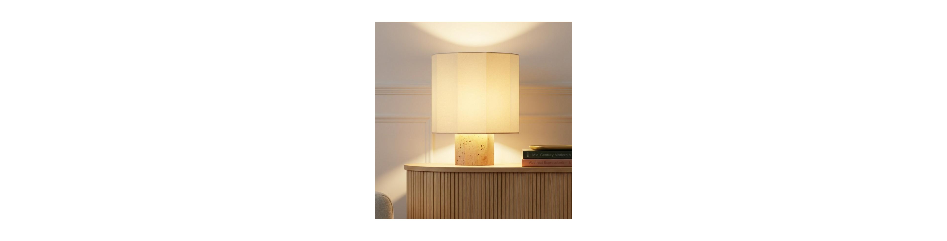 Brightech Cleo 10" Modern Led Table Lamp with Travertine Stone Base and Geometric Cotton Shade