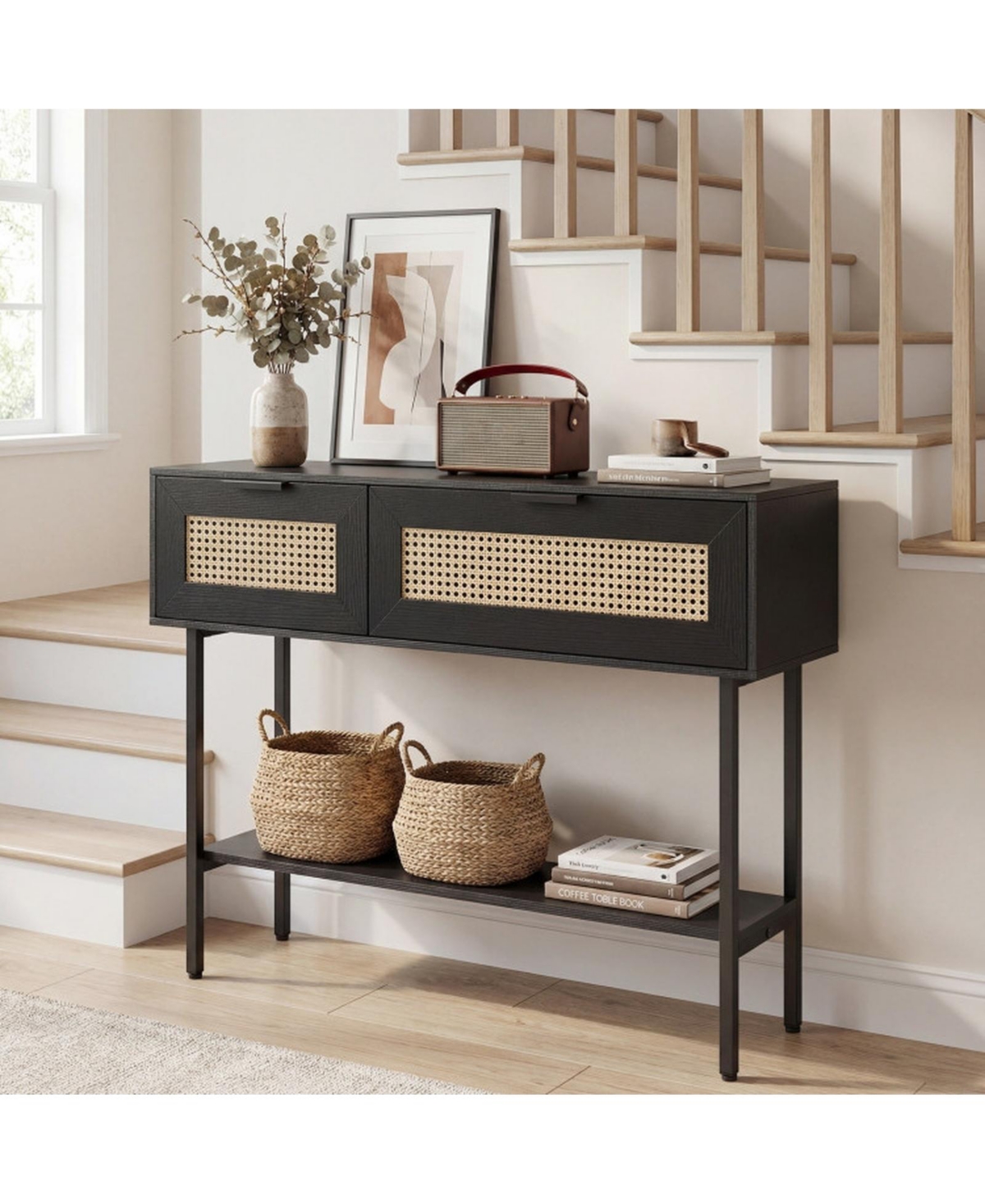Sugift Rattan Console Table with 2 Storage Cabinets Open Shelf and Carbon Steel Frame