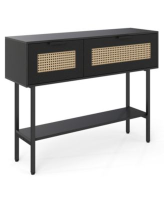 Rattan Console Table with 2 Storage Cabinets Open Shelf and Carbon Steel Frame
