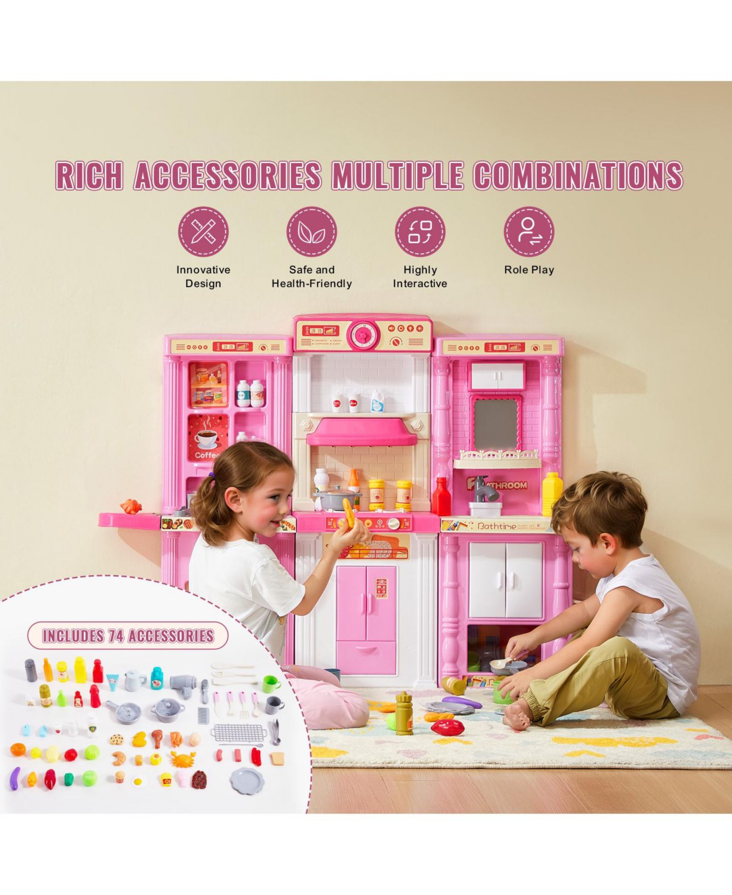 Детский игровой набор HONGGE 3-in-1 Kitchen Playset with Lights and Sounds, 74 Cooking Accessories, Ages 3+, цвет: Розовый — фото 5