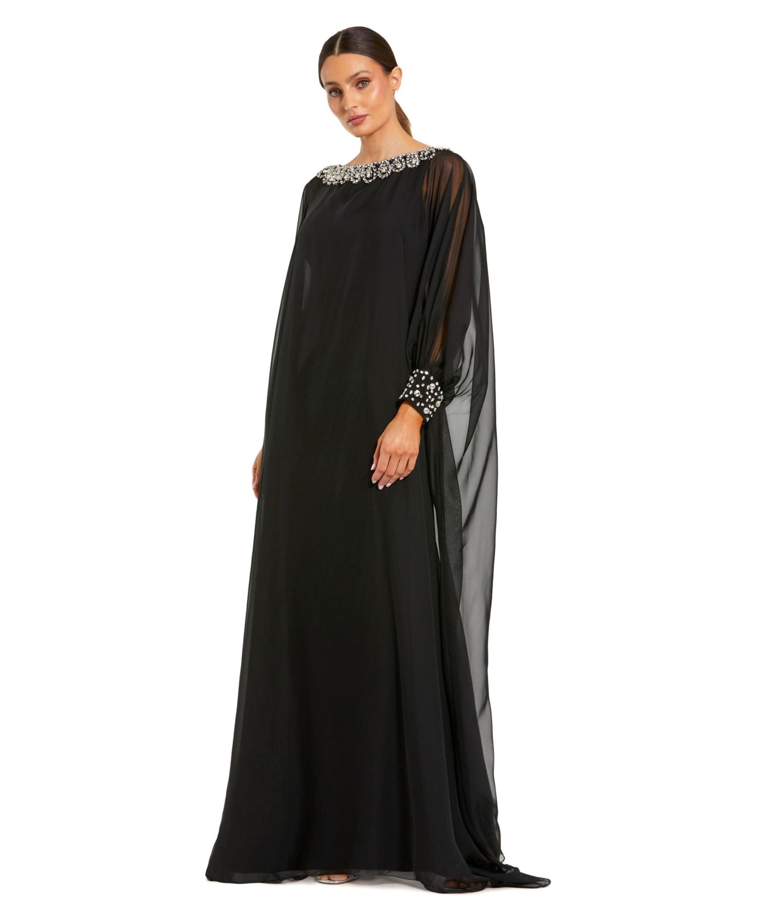 Women's Chiffon Long Sleeve Kaftan Gown with Beaded Neckline