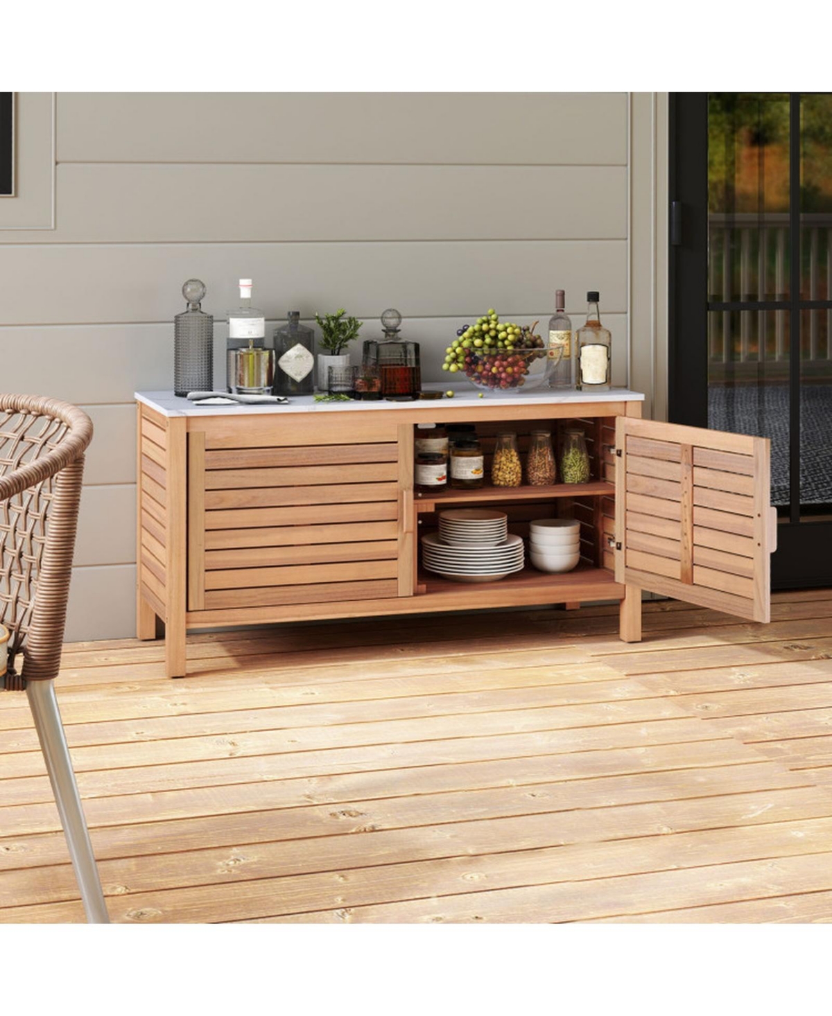 Gouun 2-Door Acacia Wood Patio Storage Cabinet with Faux Marble Top