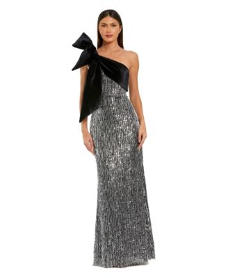 Women's One-Shoulder Sequin Velvet Bow Gown