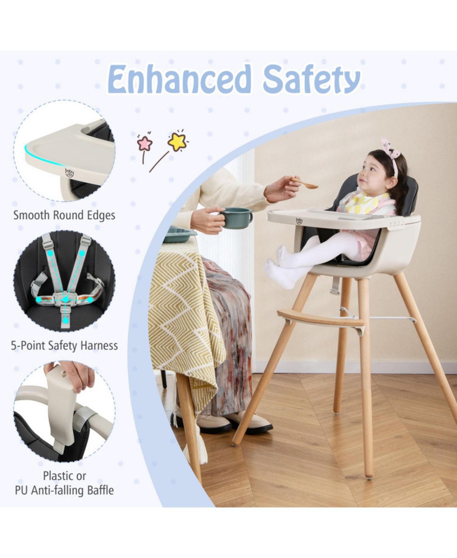 Baby 3-in-1 Convertible Wooden Baby High Chair with Cushion