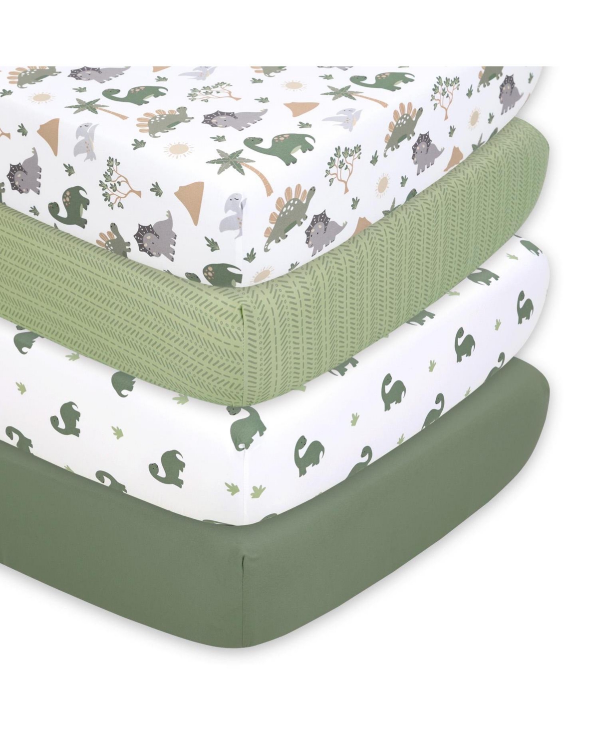 The Peanutshell Dinosaur Dreams 4-Pack Fitted Crib Sheets - Green/tan/brown/gray
