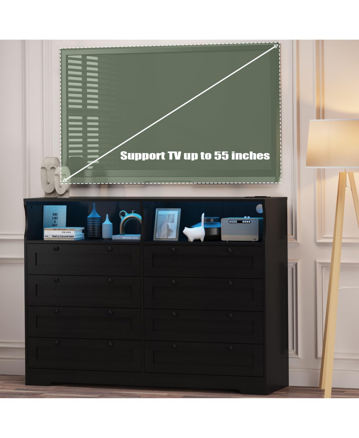 homfan 8 Drawer Wooden Dressers Bedroom with Led Lights, Charging Station and Open Shelf, Chest of Drawers, Farmhouse Tv Stand for Living Room