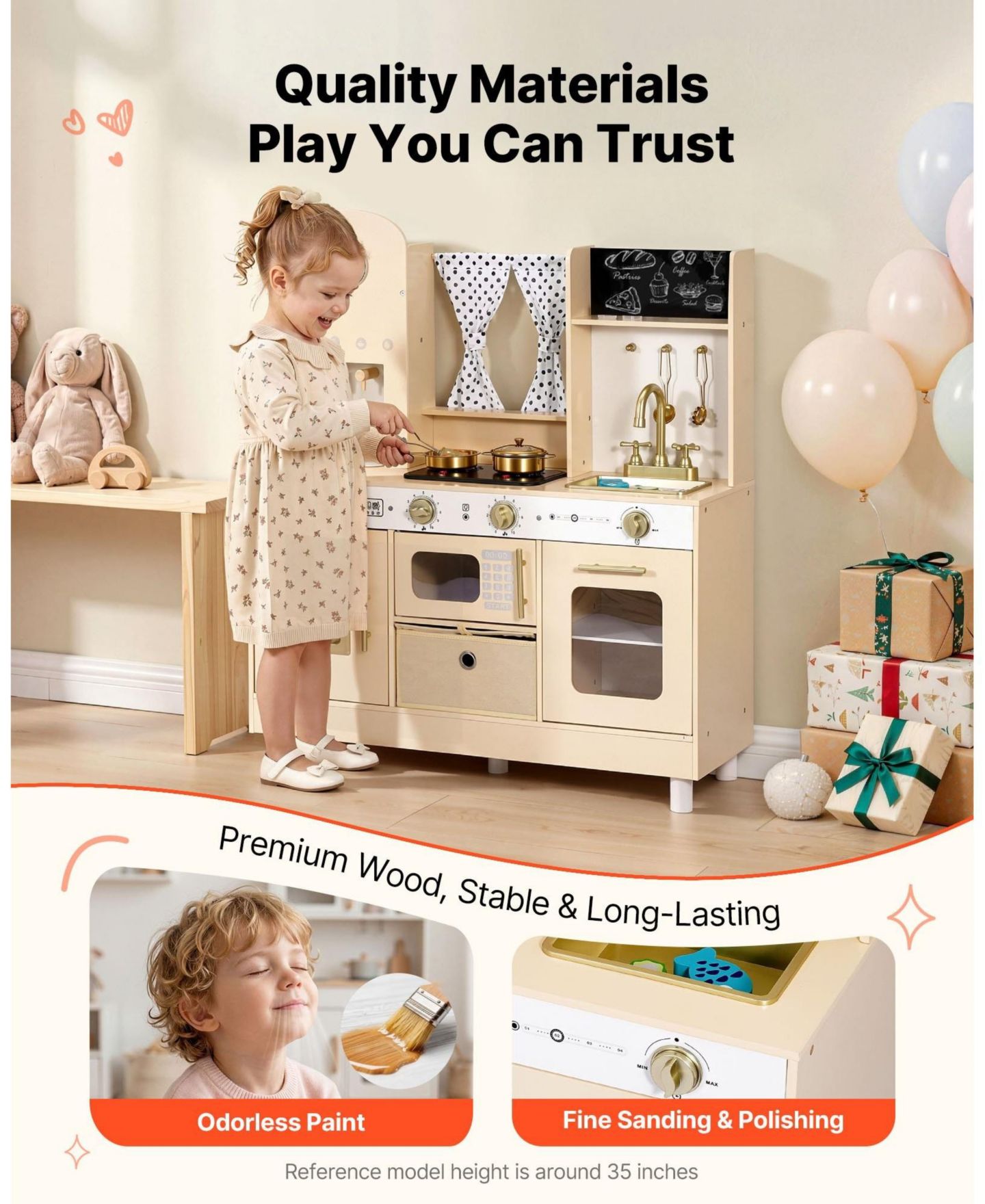 Детские игрушки HONGGE Realistic Lights and Sounds Wooden Play Kitchen, 12-Piece, Ages 3+, цвет: Белый — фото 10