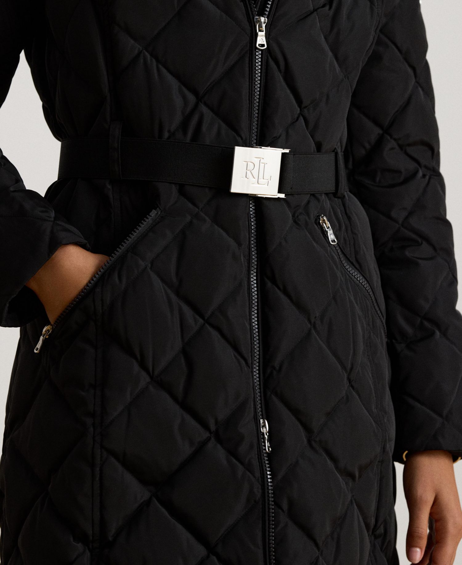 Women's Belted Quilt with Faux Fur Collar Coat