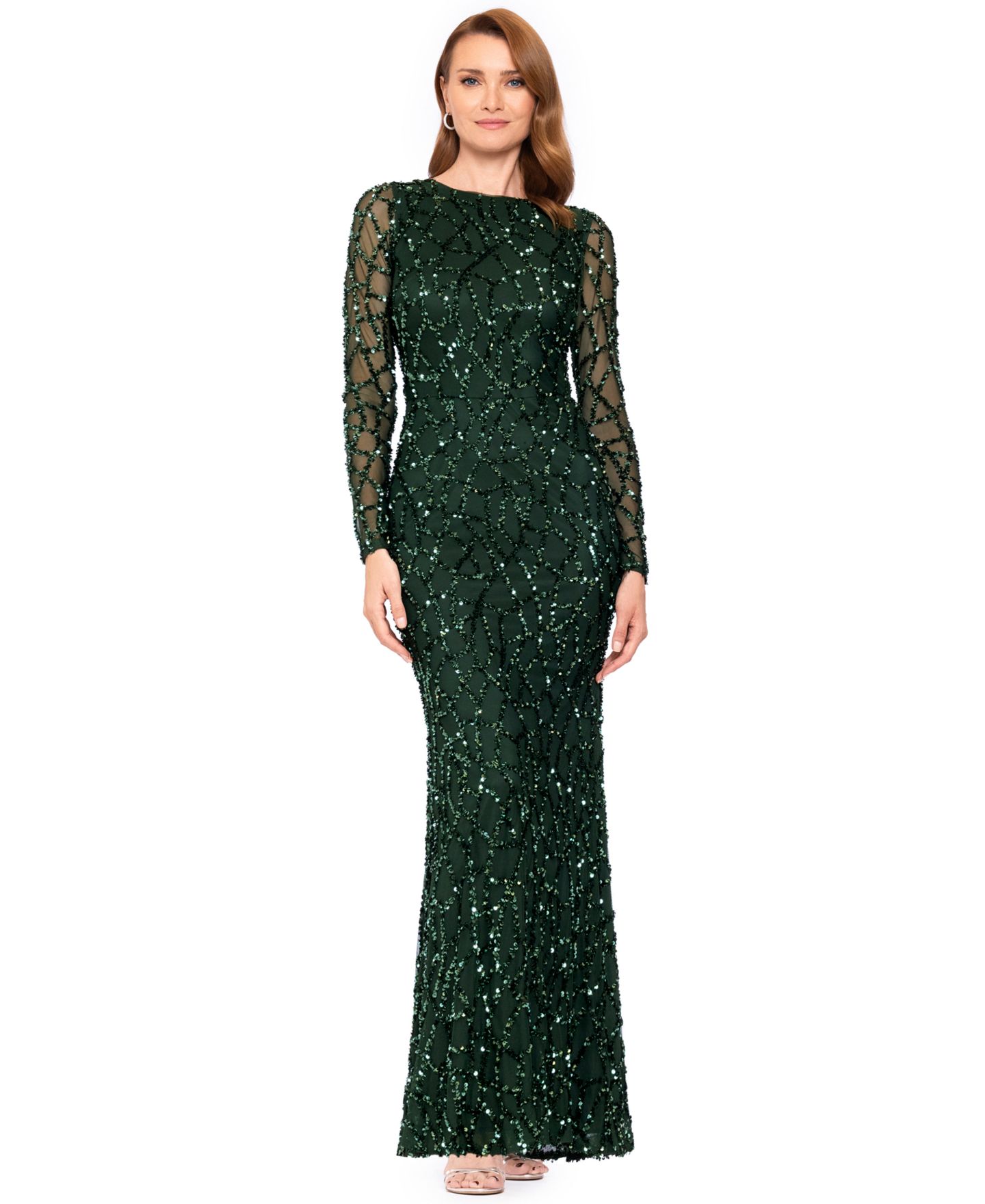 Женское платье Betsy & Adam Long-Sleeve Sequin Gown, цвет: Тёмно-зелёный — фото 1