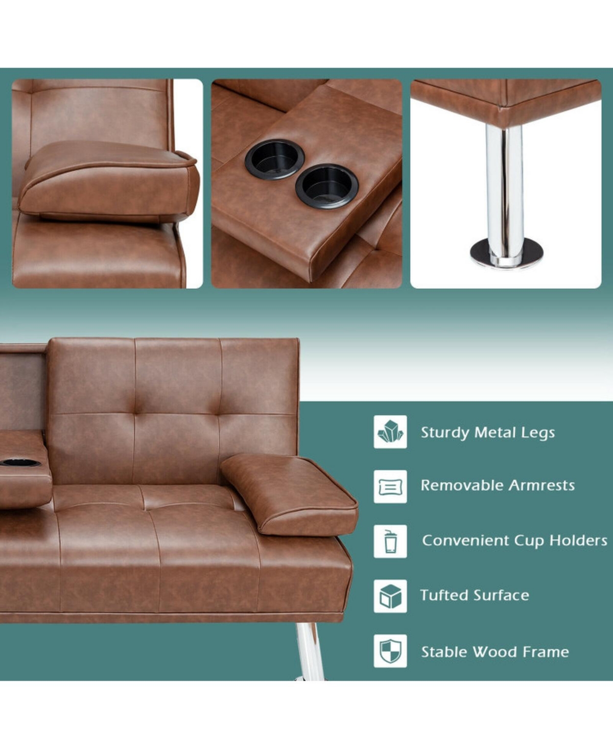 Gouun Convertible 66 Inch Faux Leather Futon Sofa with Cup Holders and Armrests