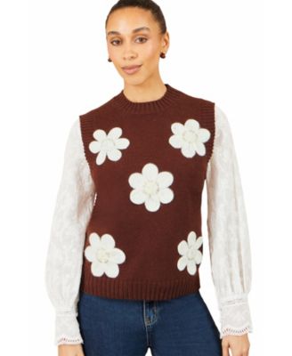 Women's Floral-Print Applique Sleeveless Sweater Vest